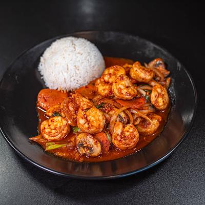 Volcano shrimp with steamed white rice on the side.