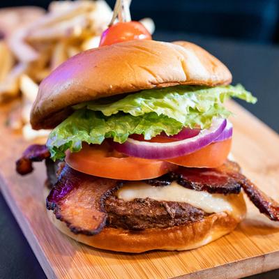 Wagyu burger plus bacon with house-made french fries.
