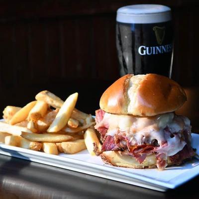 Burger with  fries and Guinness.