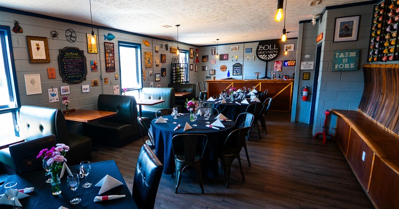 Interior, diner area, tables, chairs