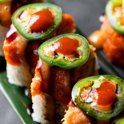 Jalapeno tuna roll, close up.