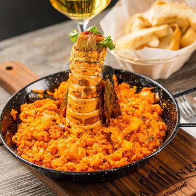 A served Paella on display.