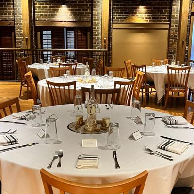 Round tables ready for guests.