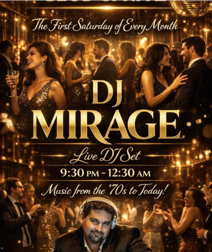 flyer promoting live DY every 1st Saturday of the month w/ DJ Mirage