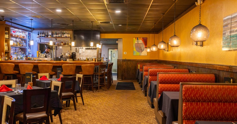 Interior, tables, chairs and seating booths