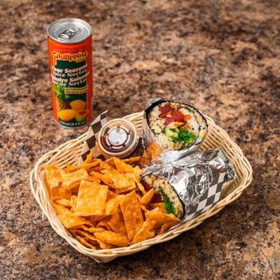 Tuna poke burrito with a side of wonton chips and a can of Philippine juice nectar.