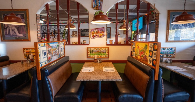 Interior, dining space with leather booths