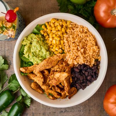 Chicken rice bowl, top-down view.