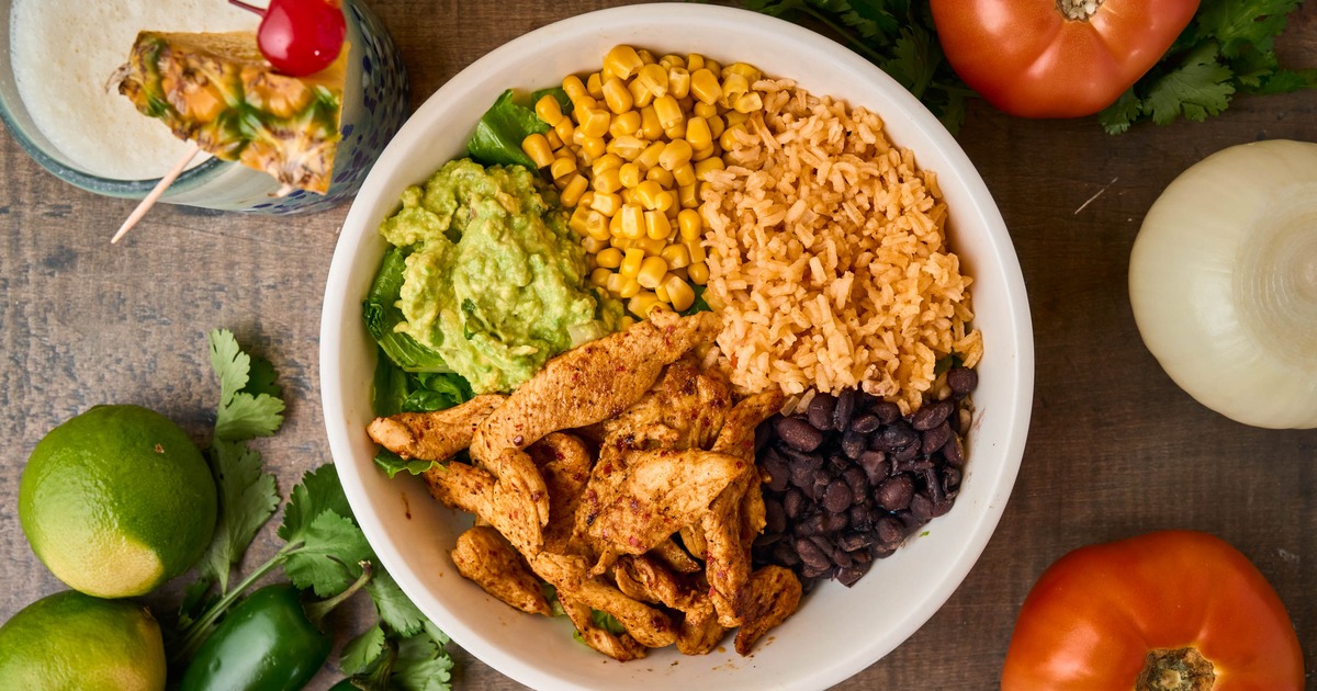Chicken rice bowl, overhead view