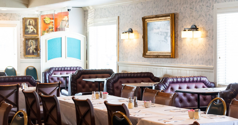 Interior, restaurant booths and regular tables