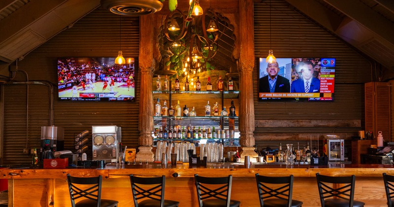 Interior, bar area and bar stools