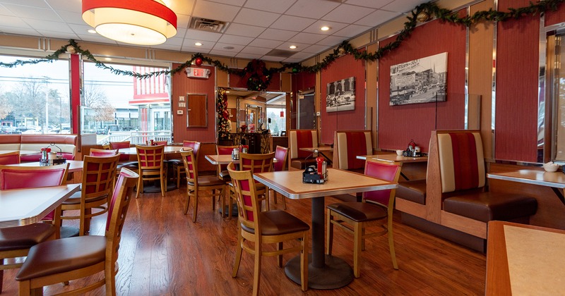 Interior space, dining area with dining tables and booths