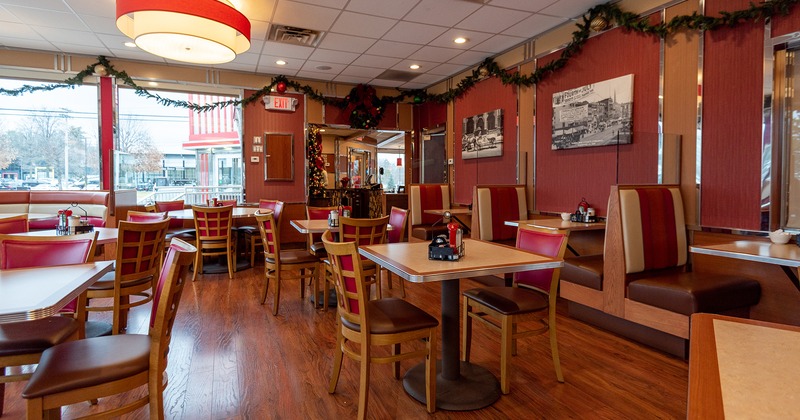 Interior space, dining area with dining tables and booths