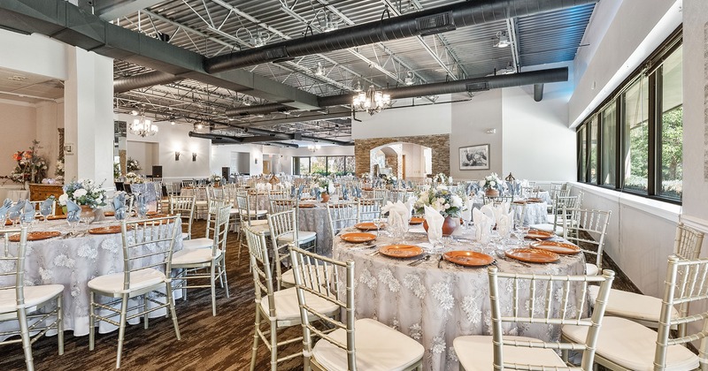 Interior, wedding ceremony hall with set tables