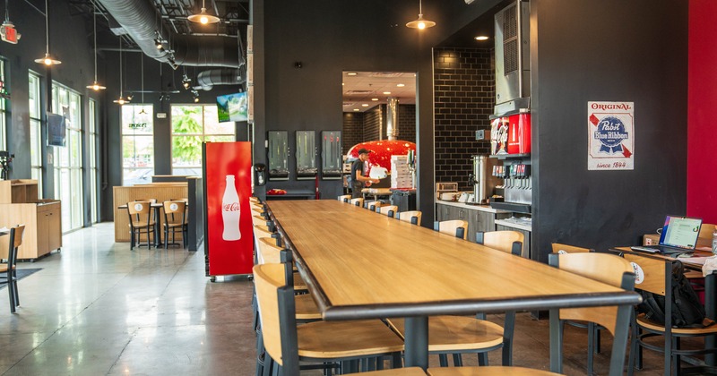 Interior, diner area, bar table and chairs, close up