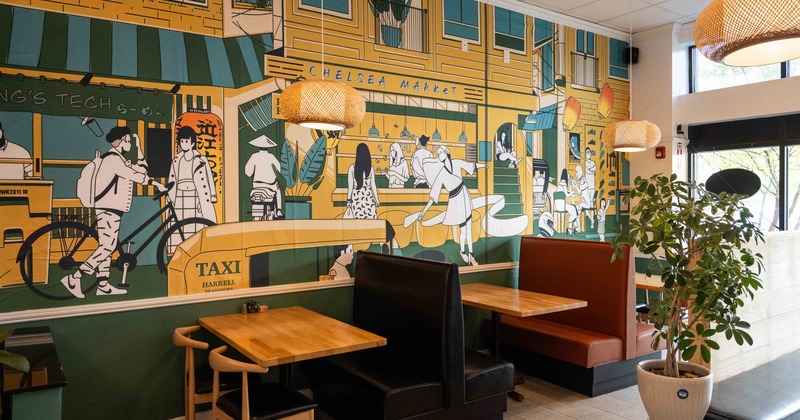 Interior, seating area with booths near the entrance