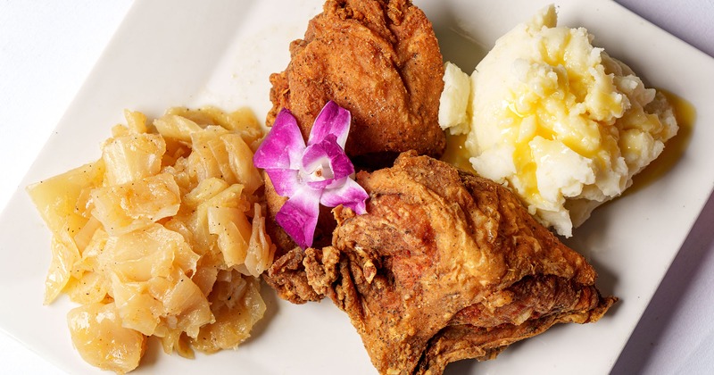 Fried chicken, mashed potato, and boiled Yuca, top view