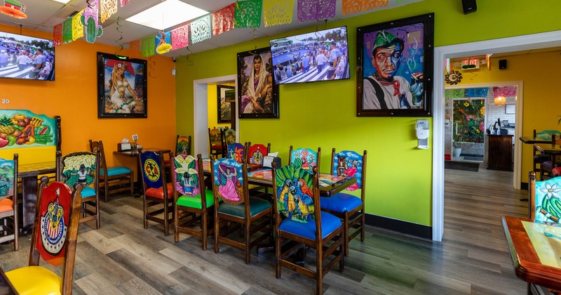 Interior, dining area, tables and chairs ready for guests