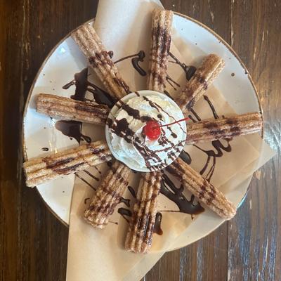 A served dessert, top view.