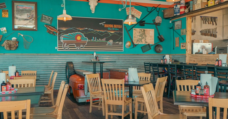 Interior, seating area with decorated walls