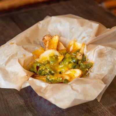 Cheesy fries with green chiles.