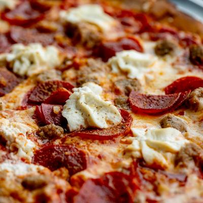 Bella's Special Pizza, extreme close up shot.