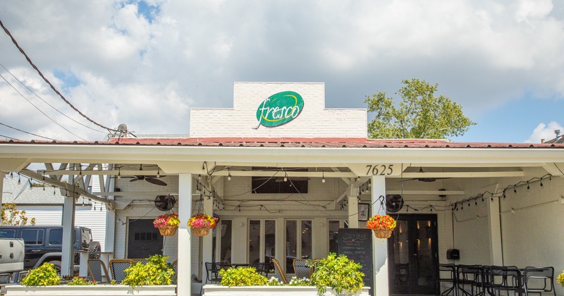 Exterior, front of restaurant, porch, entrance, sign above