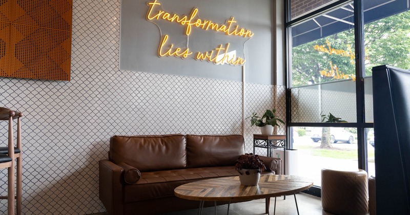 Interior, sofa and table, wall decorations