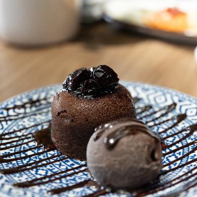 Chocolate Vissino - warm molten chocolate cake, chocolate sorbet, sour cherry spoon sweets