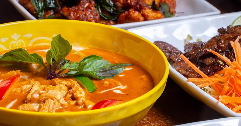 Assortment of food dishes spread on table