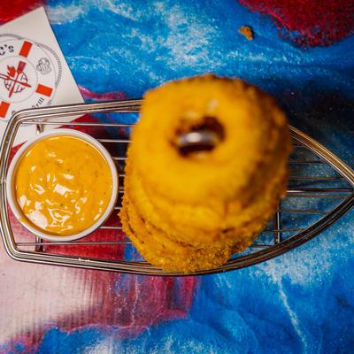 Onion Ring Tower with Pub Sauce, top view.