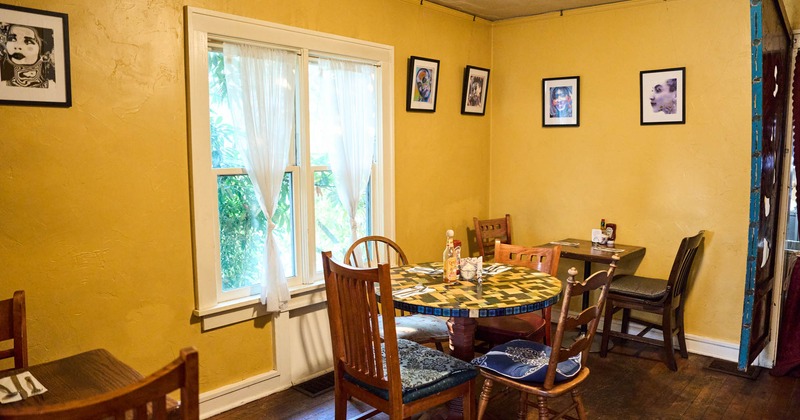 Interior, dining tables and seats