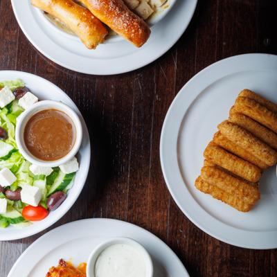 Overhead view of assorted appetizers.