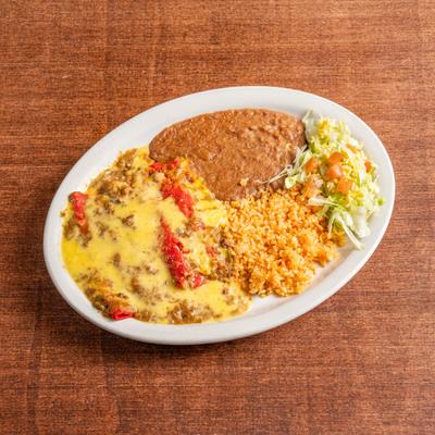 Cheese-covered enchiladas served with rice, refried beans, and salad on a plate.