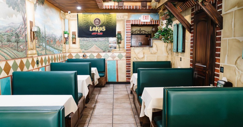 Interior seating area with double booths and tables