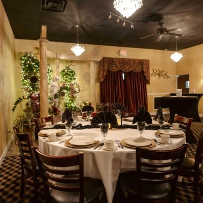 Restaurant's interior with table setup and decorations.