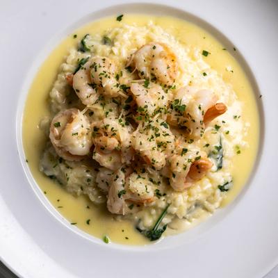 Classic risotto with shrimp, top view.