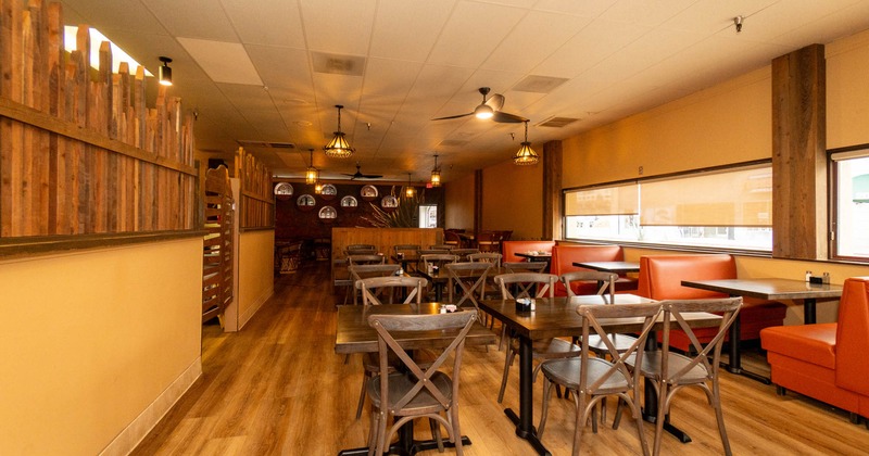 Interior, tables and chairs lined up