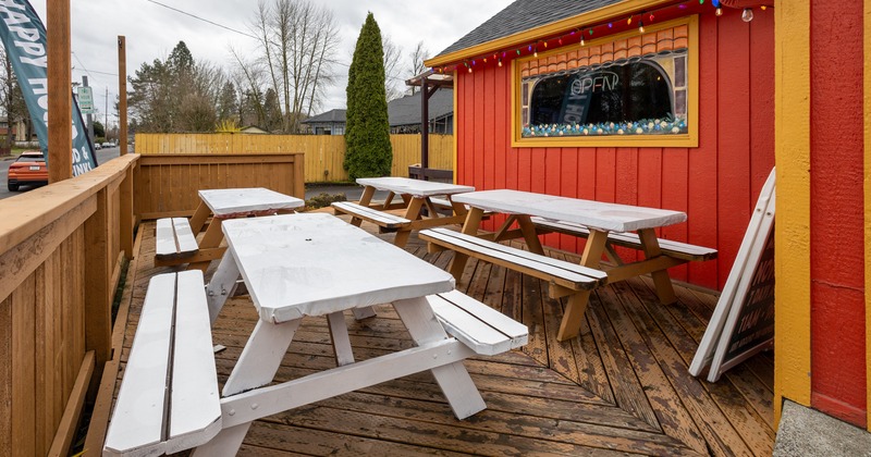 Exterior, patio, benches and tables