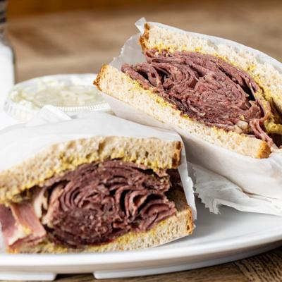 Close up of corned beef sandwich