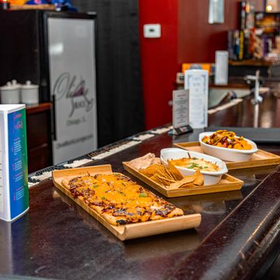 Different food dishes on the bar.