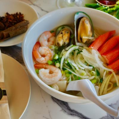 Pho Shrimps Bowl, served on the table.