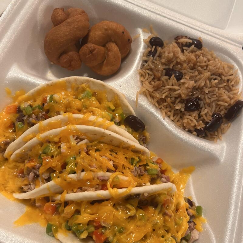 Jerk Chicken Tacos (2) with 2 sides of your choice photo
