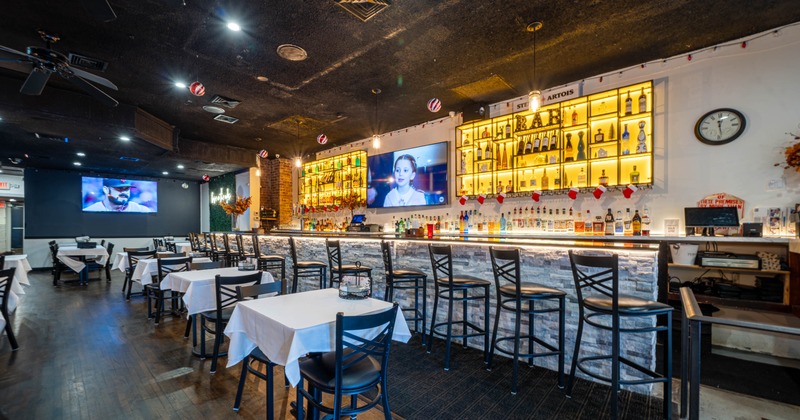 Interior, tables, chairs, bar and bar stools