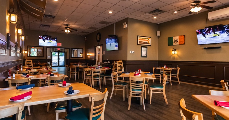 Interior seating area with chairs and tables