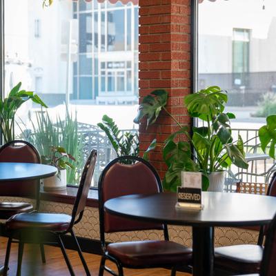 Dining tables and potted plants.