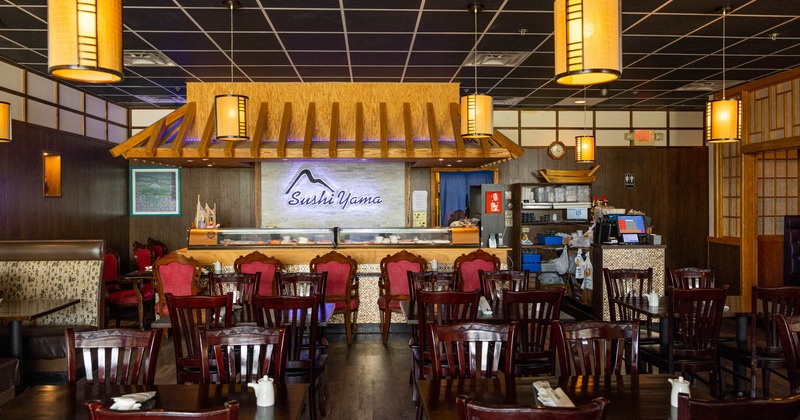 Interior, dining tables and seats, sushi bar, pendant lamps