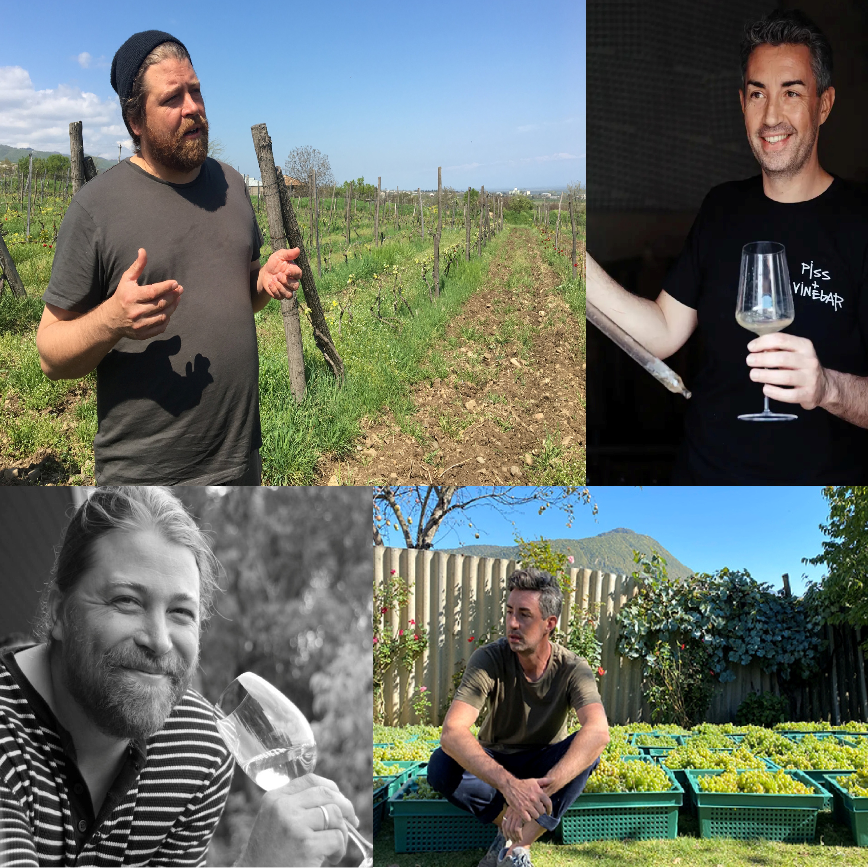 four images of Georgia based winemakers Aidan Raftery and John Wurdeman in vineyards, toasting at restaurants, etc.