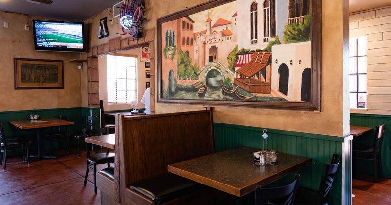 Interior, tables in the decorated seating area