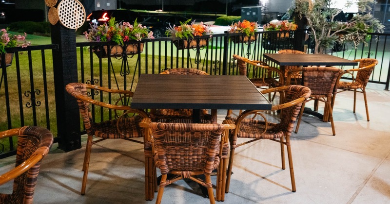 Outdoor seating area, tables and chairs